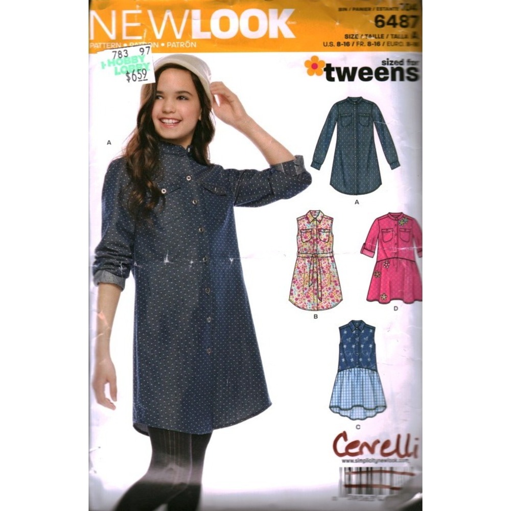 New Look 6487 Sewing Pattern Tweens Girls Shirt Dress Sleeveless Long Sleeve 12
